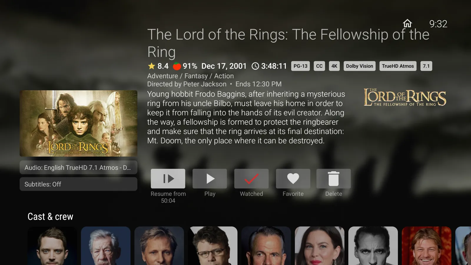 Movie details screen with artwork on the left and runtime, genres and ratings in the header